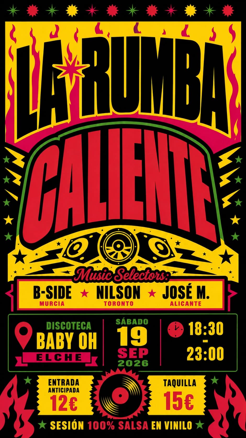 Cartel de La Rumba Caliente: sábado 19 de septiembre de 2026, de 18:30 a 23:00, en la discoteca Baby Oh de Elche.